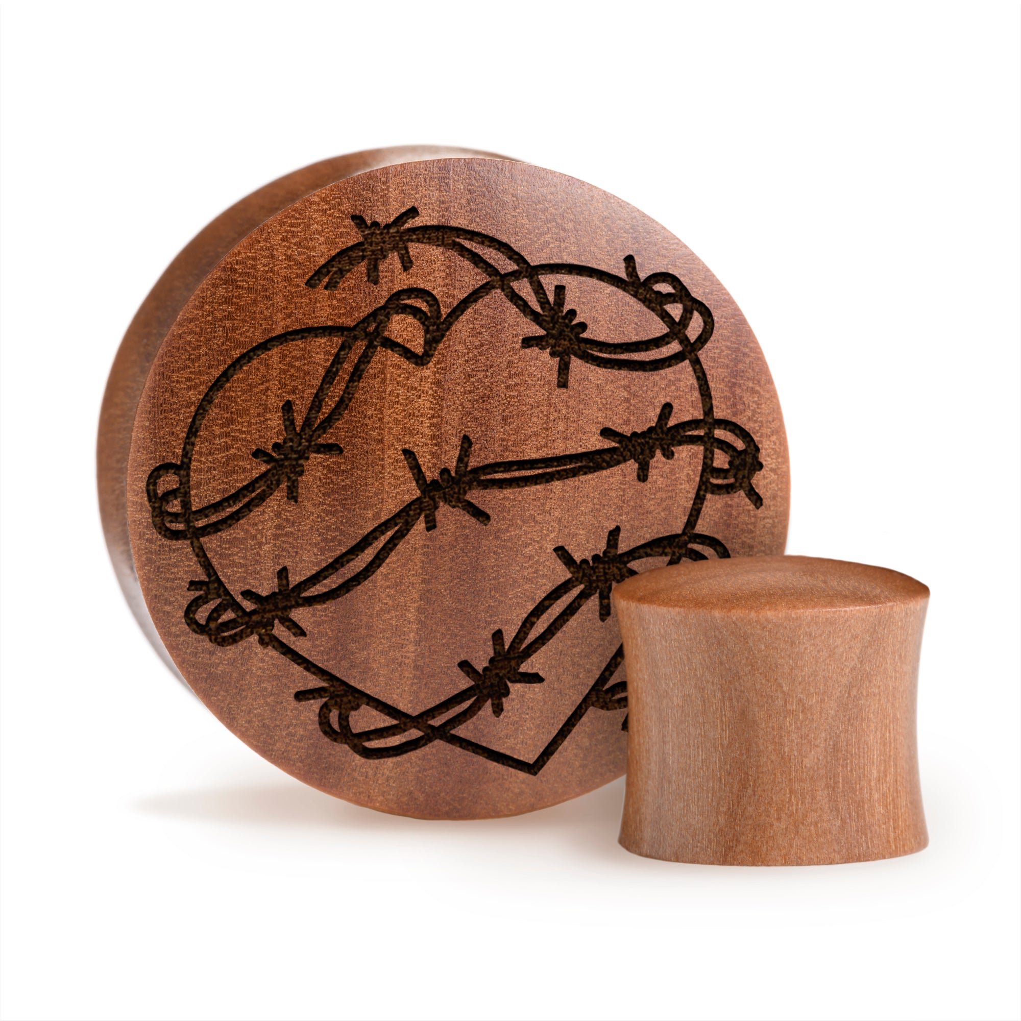 Barbed Wire Heart Plug / Gauge - Saba Wood | Convex Double Flare - Lasered To Order In House At Custom Plugs HQ