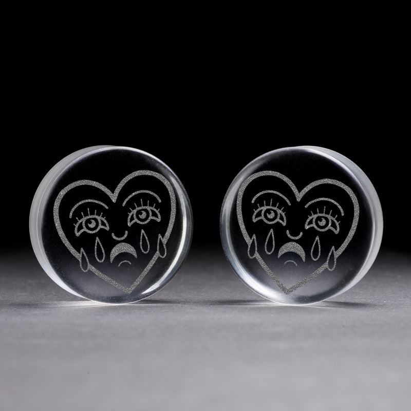 Plug Cœur Brisé / Calibre - Verre Transparent | Double Évasement à Face Plate