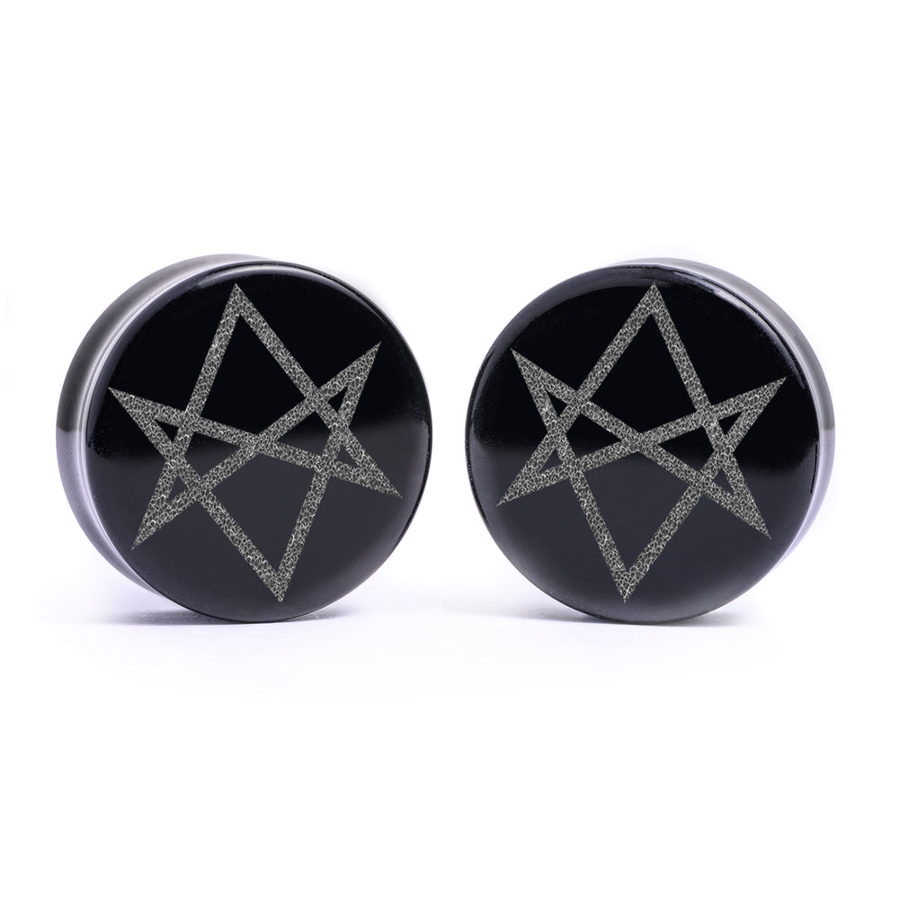 Hexagram Plug / Gauge - Black Glass | Flat Faced Double Flare - Lasered To Order In House At Custom Plugs HQ