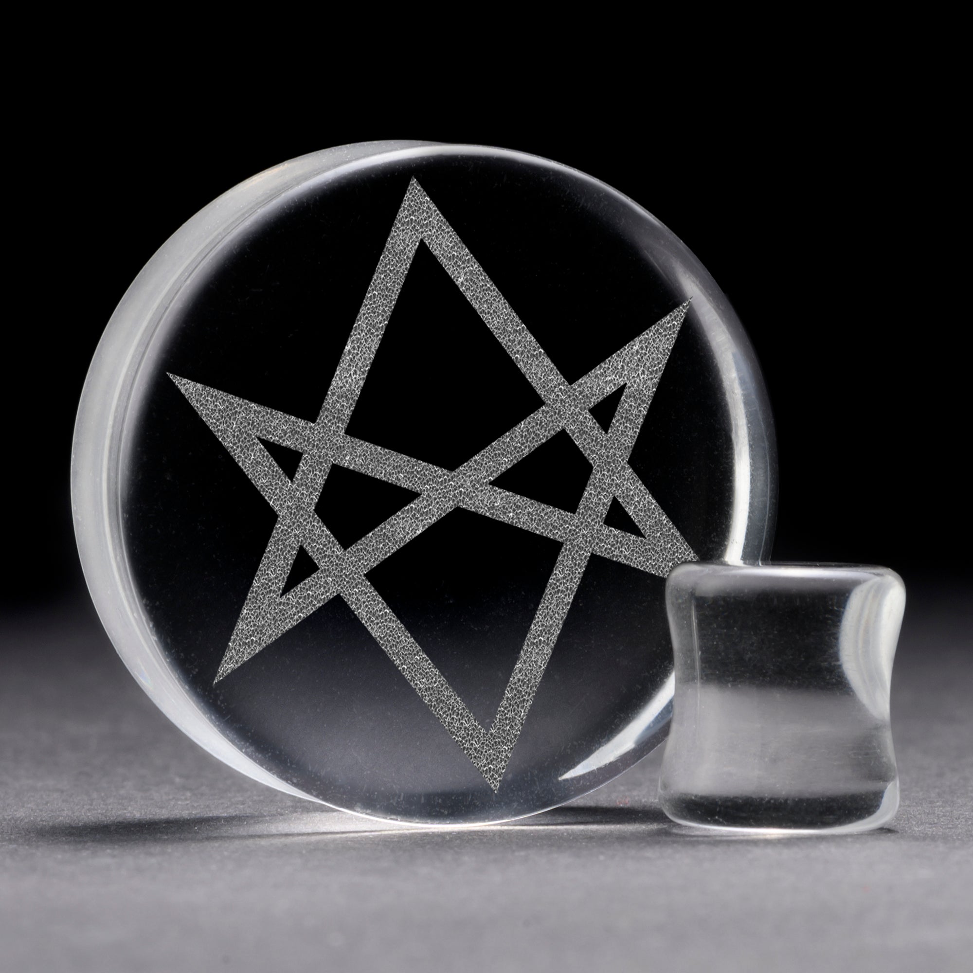 Hexagram Plug / Gauge - Clear Glass | Flat Faced Double Flare - Lasered To Order In House At Custom Plugs HQ