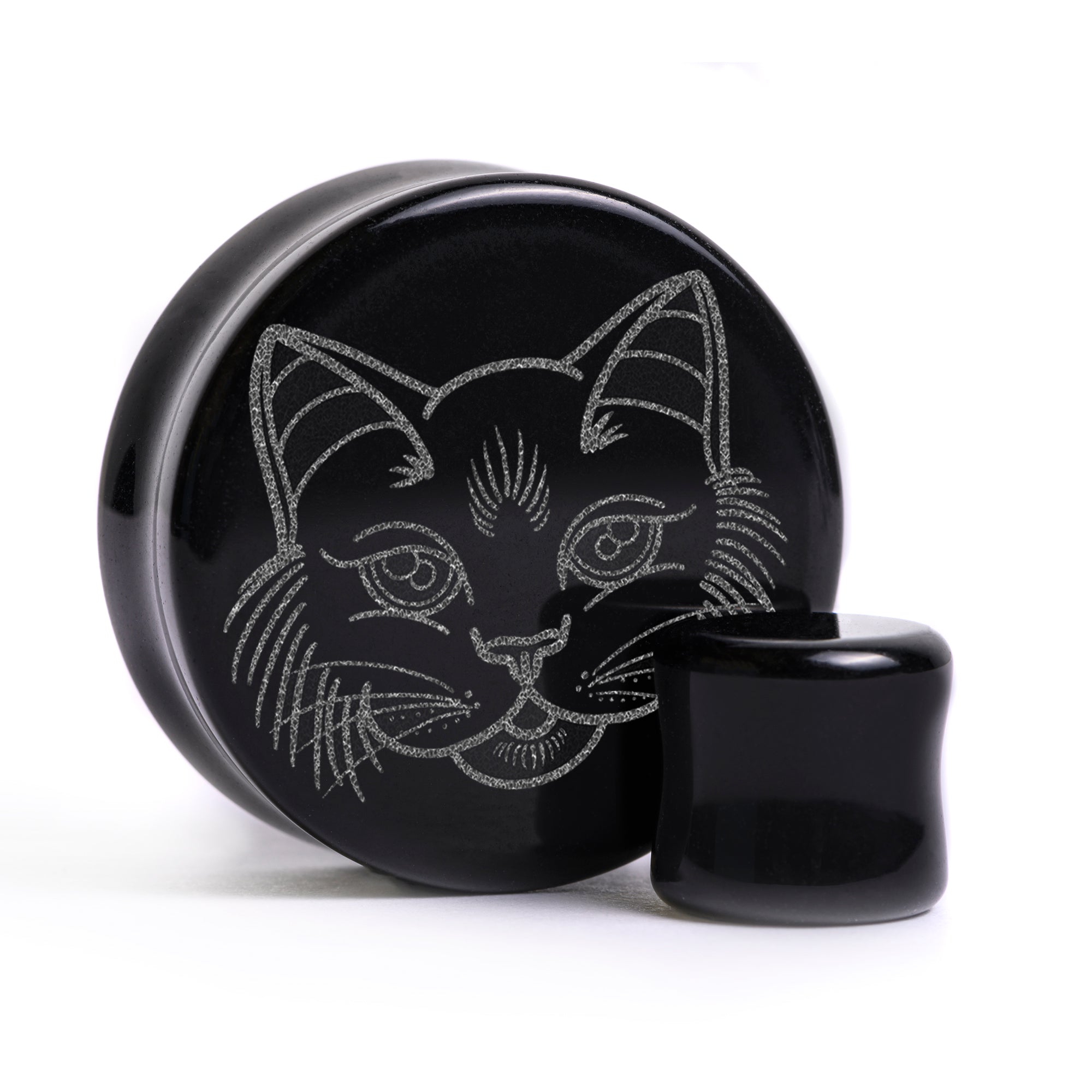 Kitty Cat Plug / Gauge - Black Glass | Flat Faced Double Flare - Lasered To Order In House At Custom Plugs HQ