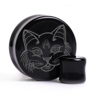 Kitty Cat Plug / Gauge - Black Glass | Flat Faced Double Flare - Lasered To Order In House At Custom Plugs HQ