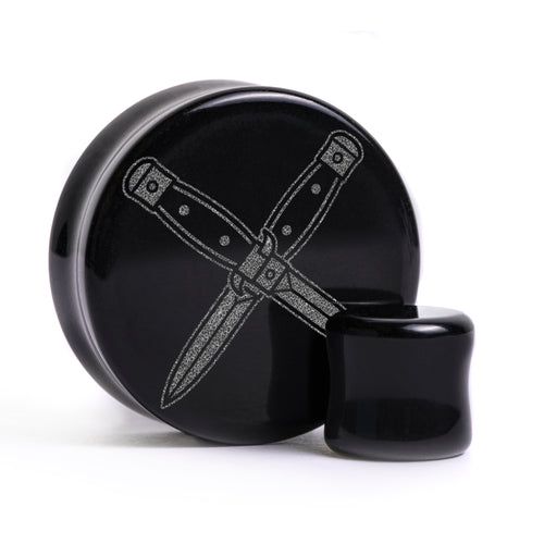 Crosed Dolch Plug / Gauge - Schwarzes Glas | Doppelaufgeweitet mit flachem Gesicht