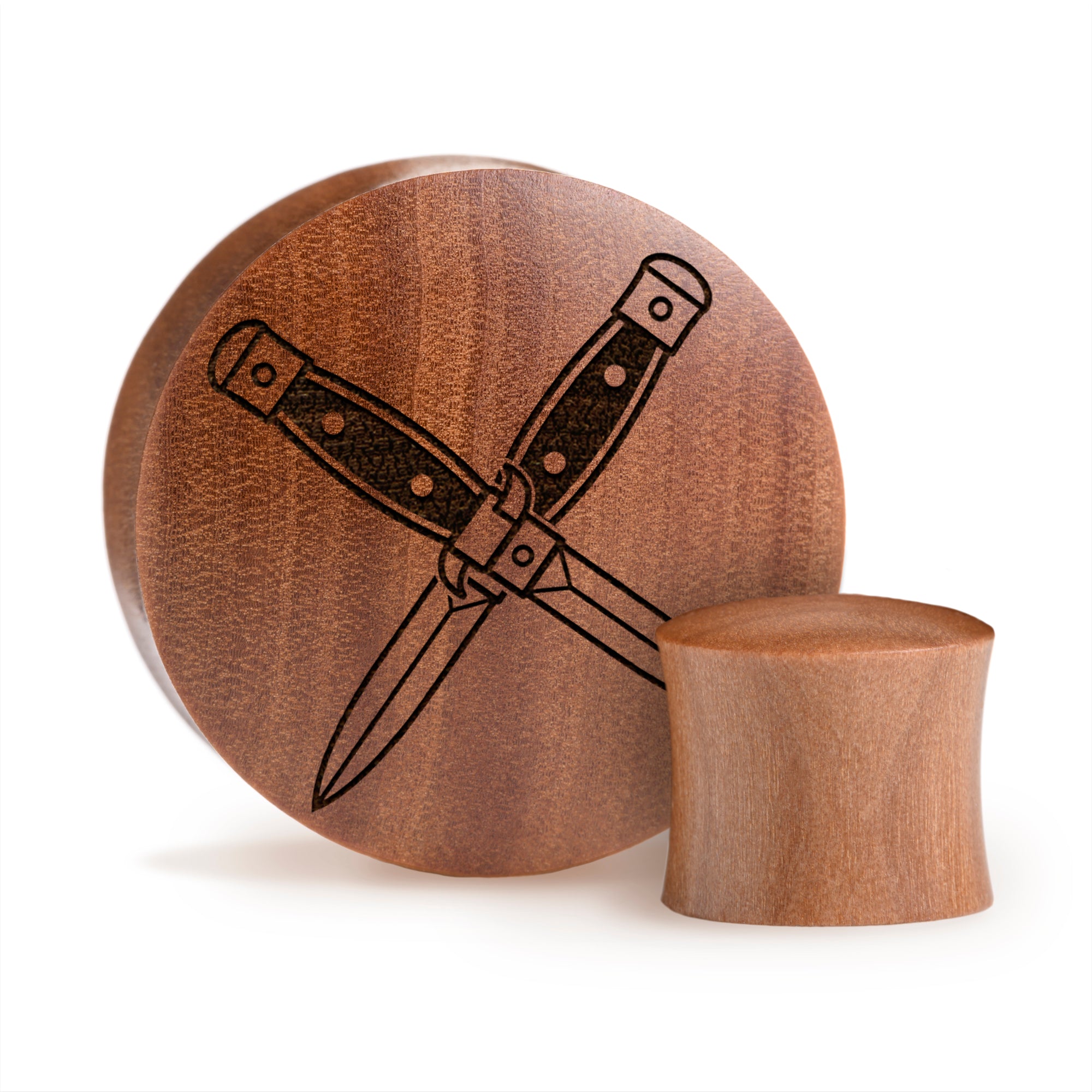 Crossed Dagger Plug / Gauge - Saba Wood | Convex Double Flare - Lasered To Order In House At Custom Plugs HQ