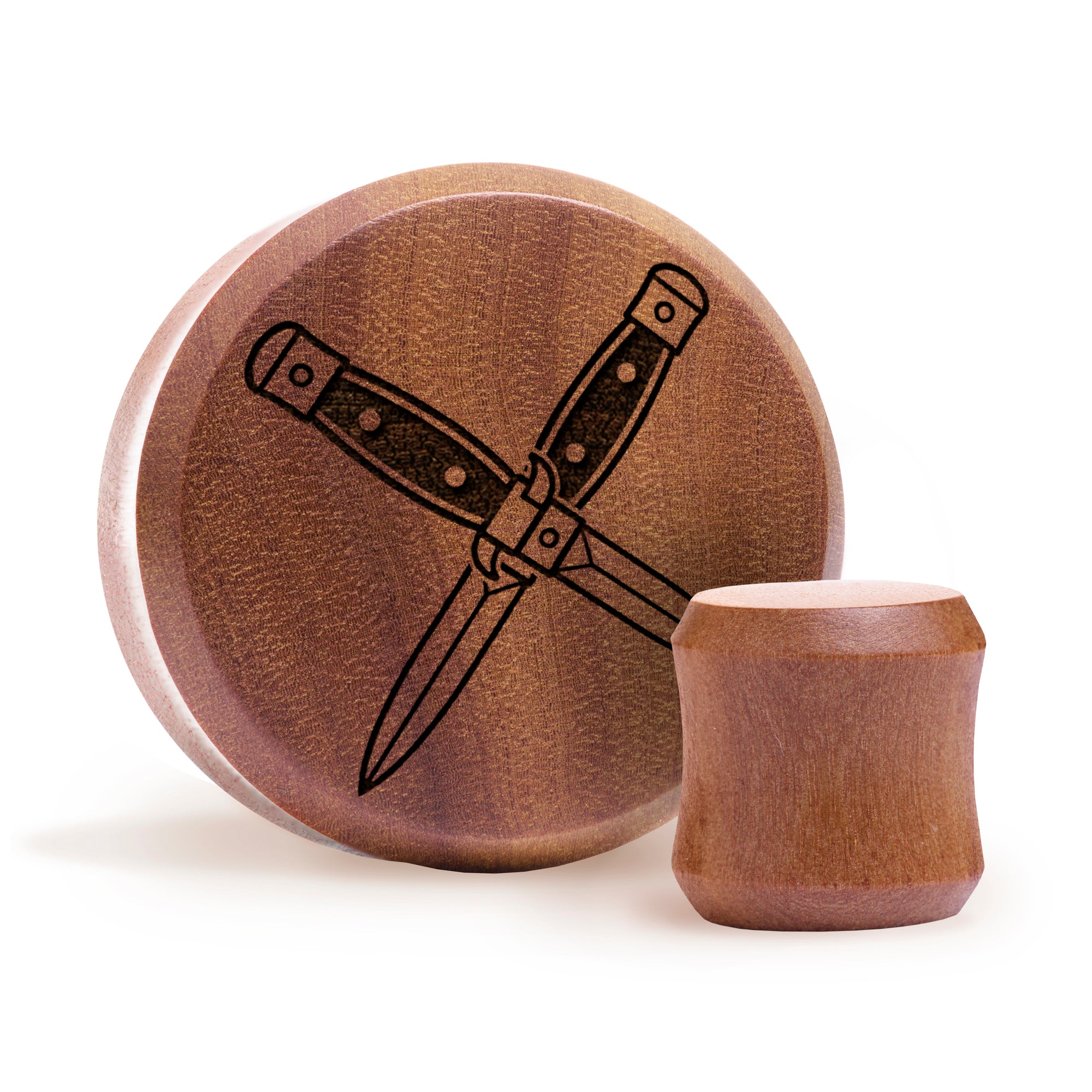 Crossed Dagger Plug / Gauge - Saba Wood | Flat Faced Double Flare - Lasered To Order In House At Custom Plugs HQ