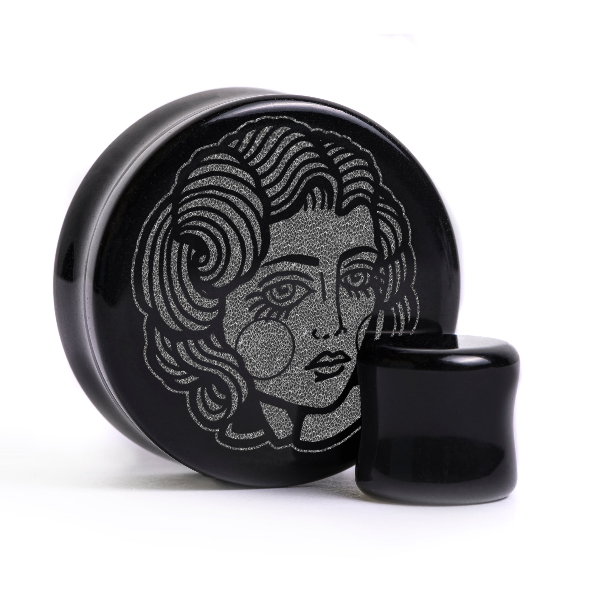 Lady Tattoo Plug / Gauge - Black Glass | Flat Faced Double Flare - Lasered To Order In House At Custom Plugs HQ