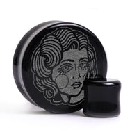 Lady Tattoo Plug / Gauge - Black Glass | Flat Faced Double Flare - Lasered To Order In House At Custom Plugs HQ