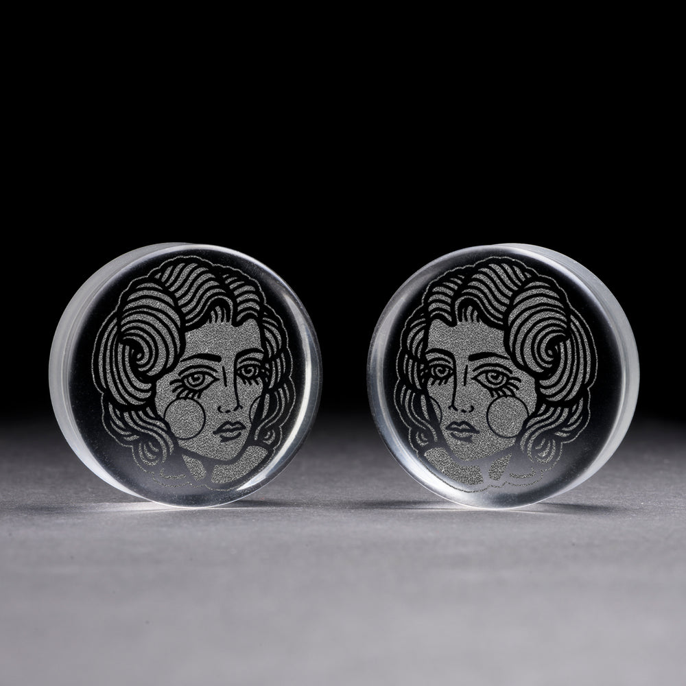 Lady Tattoo Plug / Gauge - Clear Glass | Doppelaufgeweitet mit flachem Gesicht