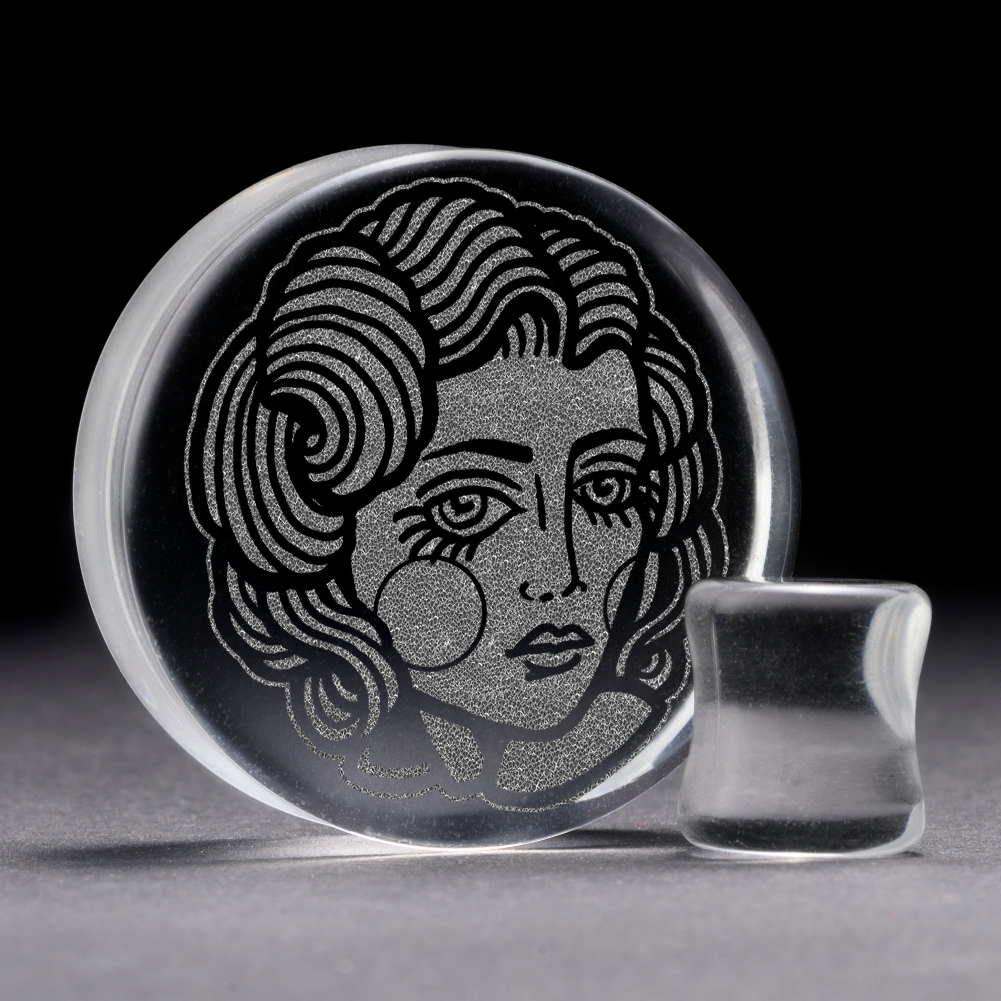 Lady Tattoo Plug / Gauge - Clear Glass | Flat Faced Double Flare - Lasered To Order In House At Custom Plugs HQ
