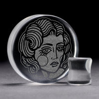 Lady Tattoo Plug / Gauge - Clear Glass | Flat Faced Double Flare - Lasered To Order In House At Custom Plugs HQ