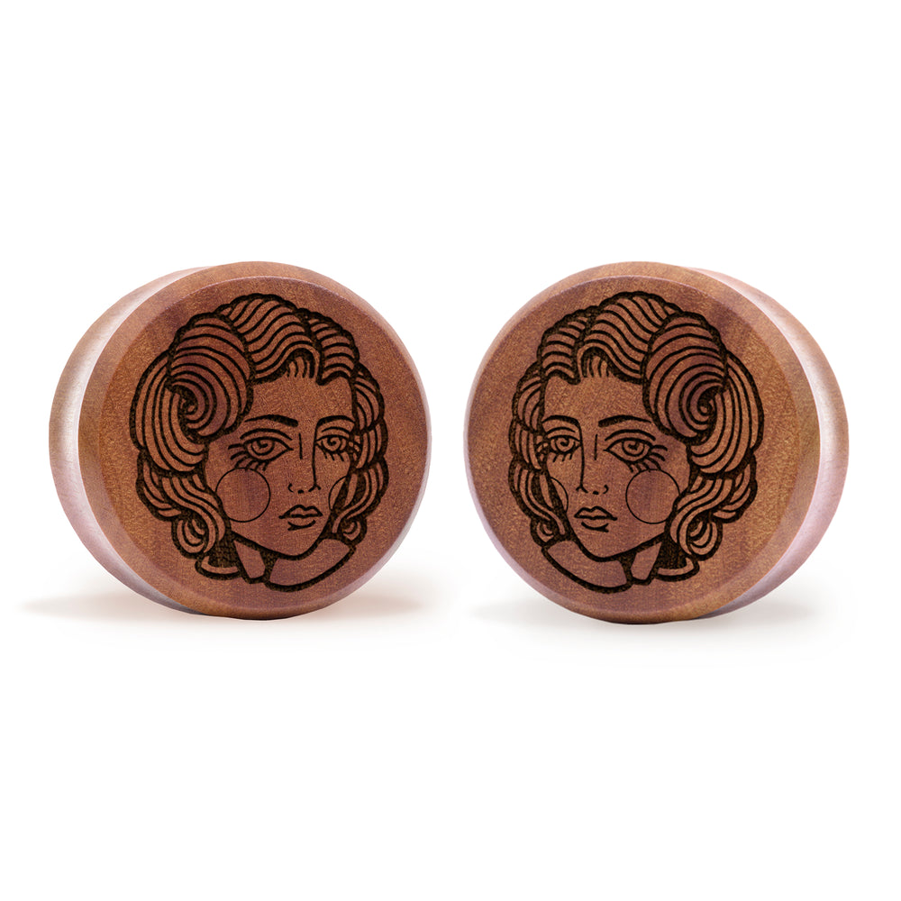 Lady Tattoo Plug / Gauge - Saba Wood | Flat Faced Double Flare - Lasered To Order In House At Custom Plugs HQ