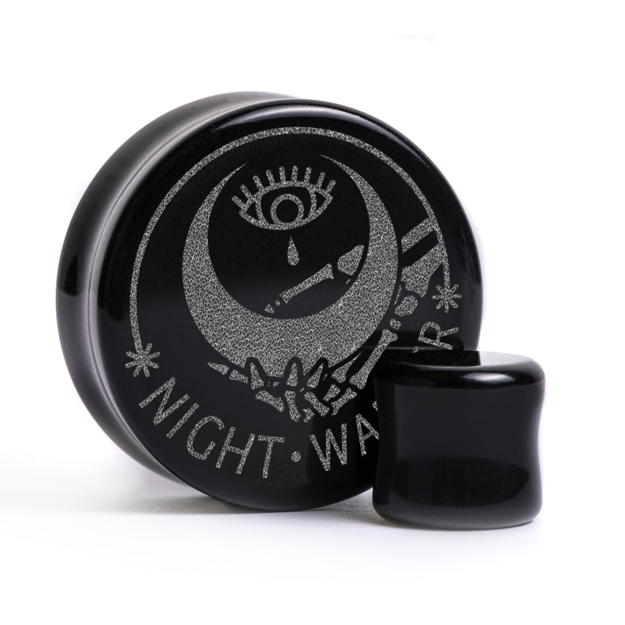 Night Walker Moon Plug / Gauge - Black Glass | Flat Faced Double Flare - Lasered To Order In House At Custom Plugs HQ