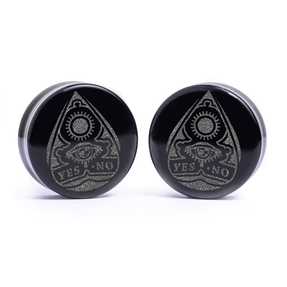 Ouija Planchette Plug / Gauge - Black Glass | Flat Faced Double Flare - Lasered To Order In House At Custom Plugs HQ