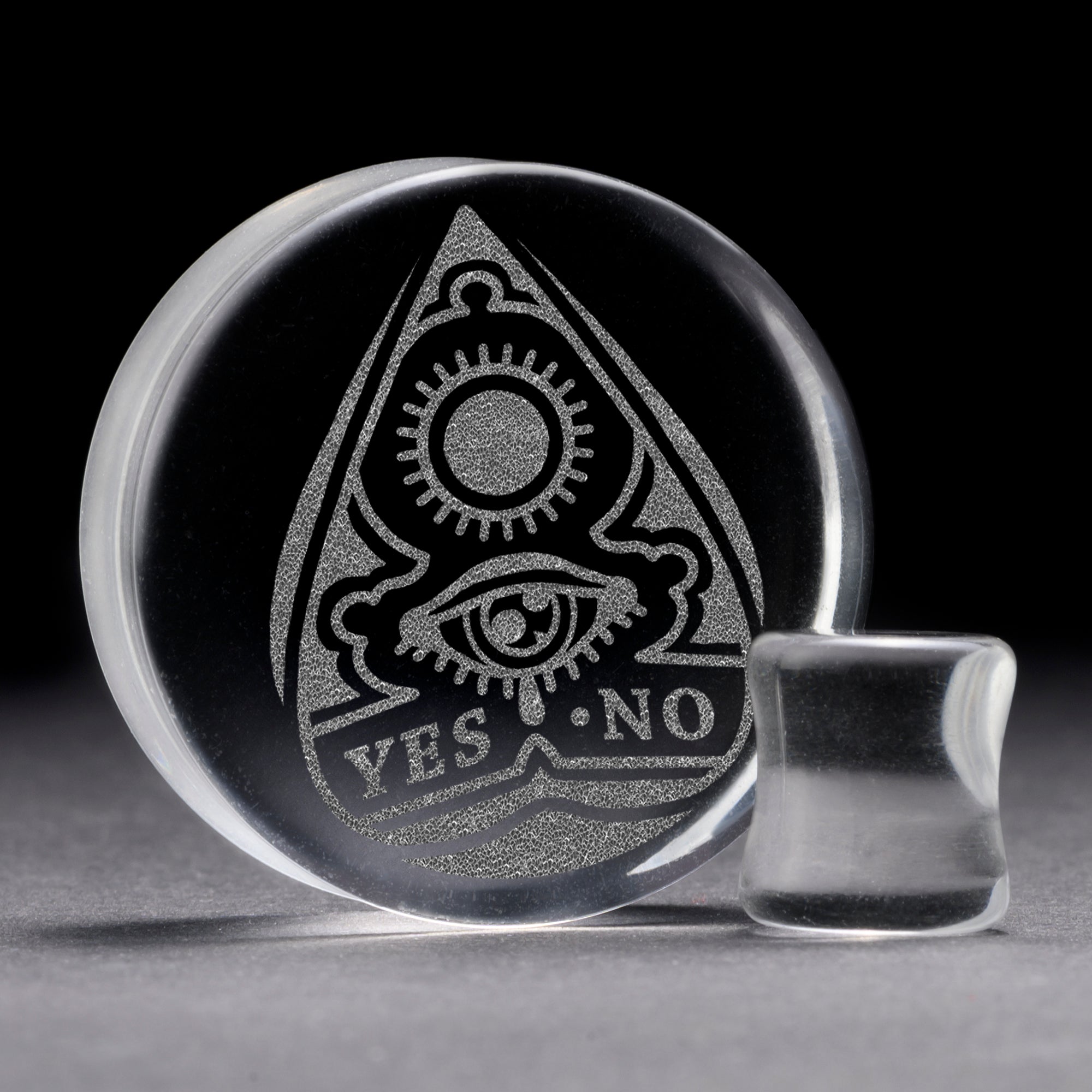 Ouija Planchette Plug / Gauge - Clear Glass | Flat Faced Double Flare - Lasered To Order In House At Custom Plugs HQ