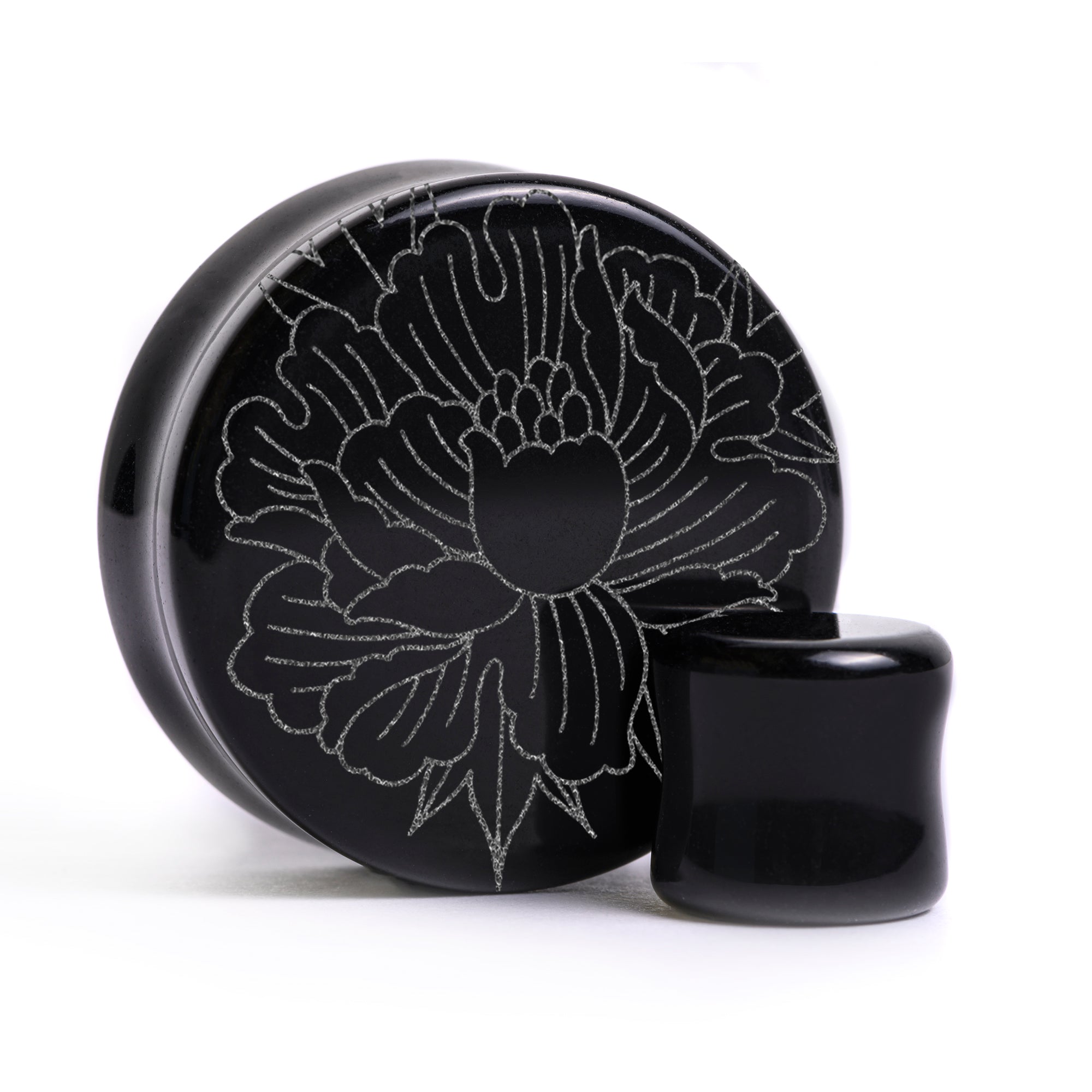 Peony Plug / Gauge - Black Glass | Flat Faced Double Flare - Lasered To Order In House At Custom Plugs HQ