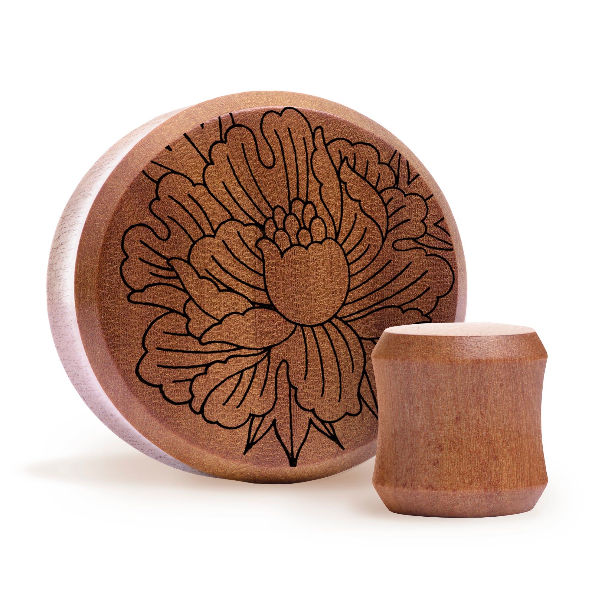 Peony Plug / Gauge - Saba Wood | Flat Faced Double Flare - Lasered To Order In House At Custom Plugs HQ