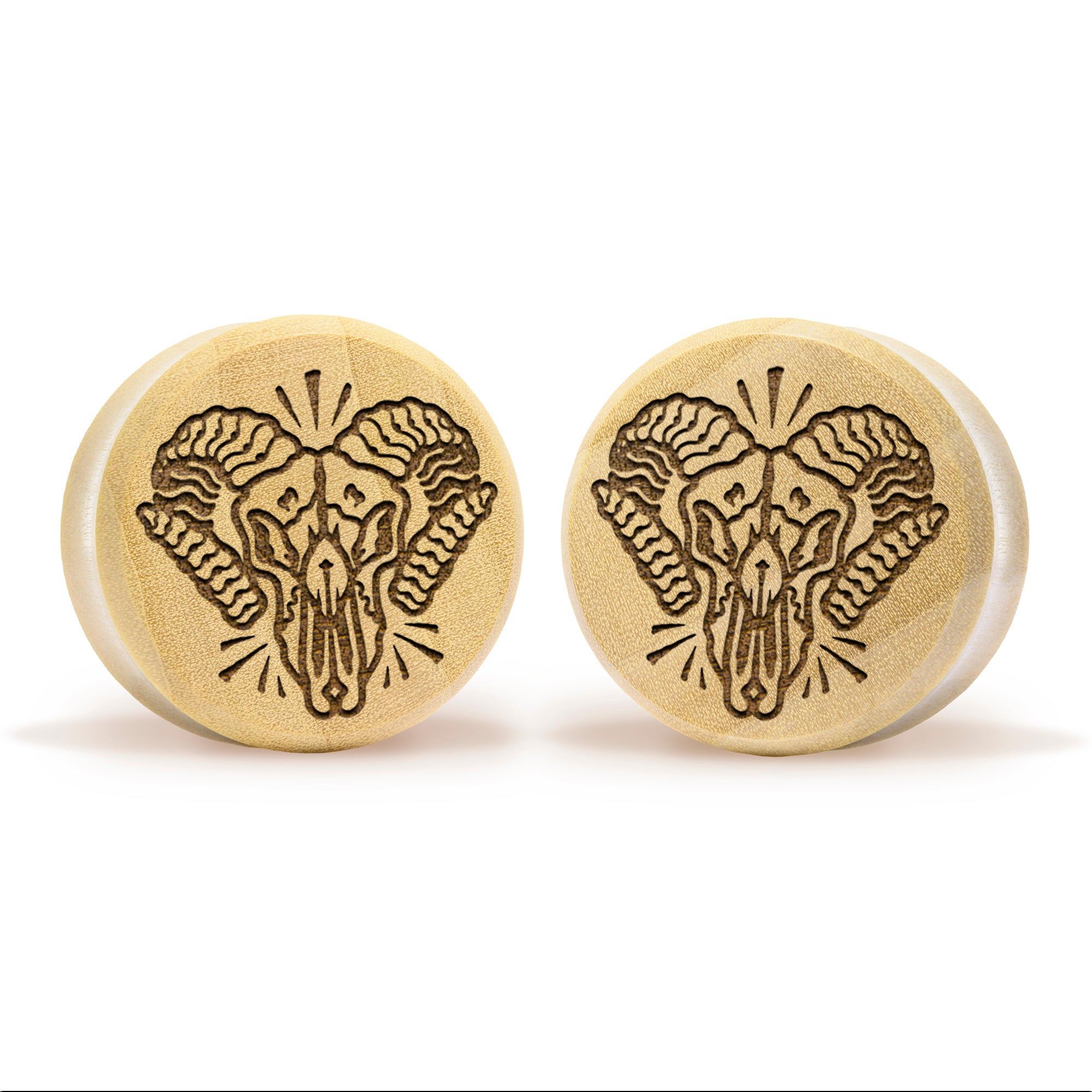 Alternative Tattooed man wearing custom made Sacrificial Lamb Plug / Gauge - Saba Wood | Flat Faced Double Flare
