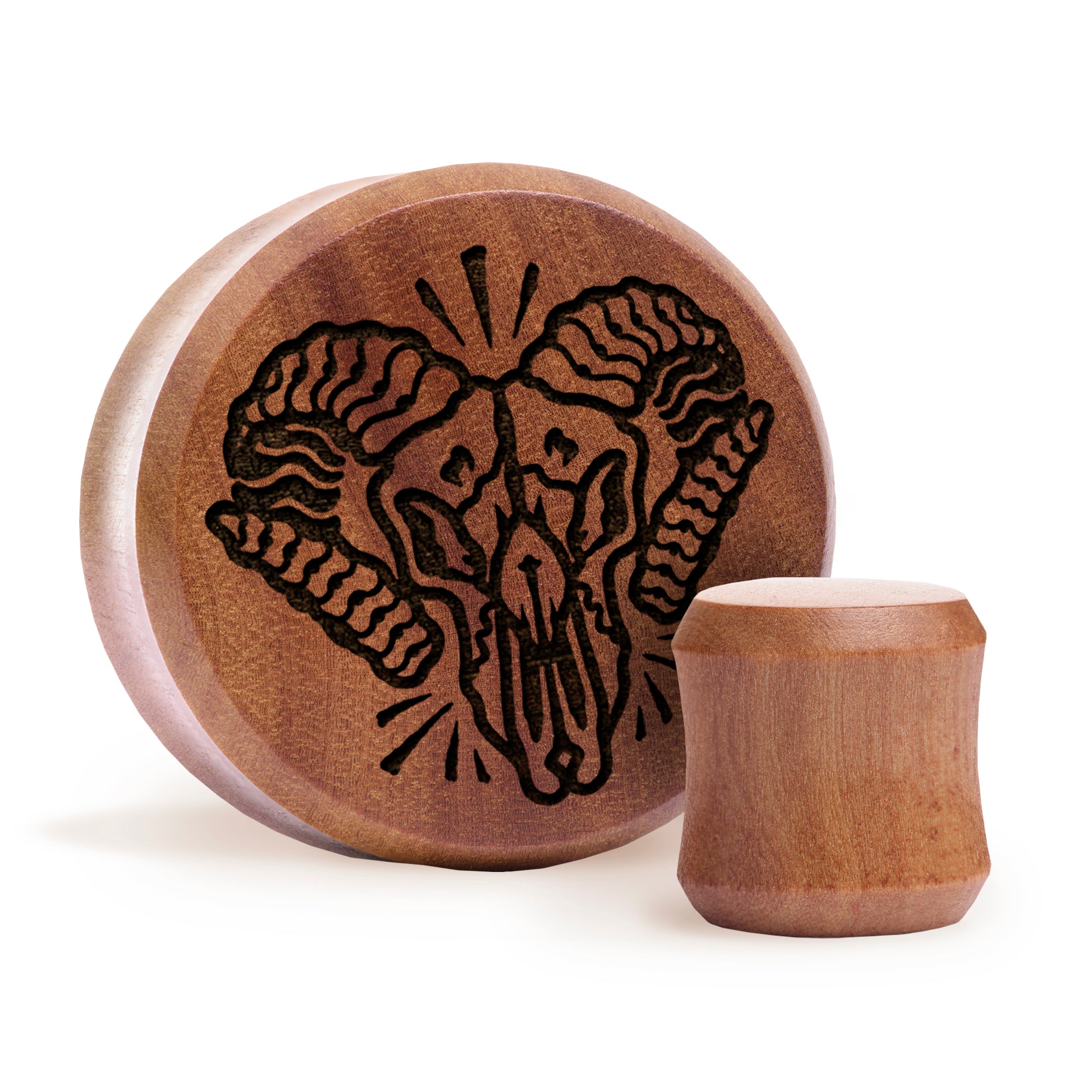 Ram Skull Plug / Gauge - Saba Wood | Flat Faced Double Flare - Lasered To Order In House At Custom Plugs HQ
