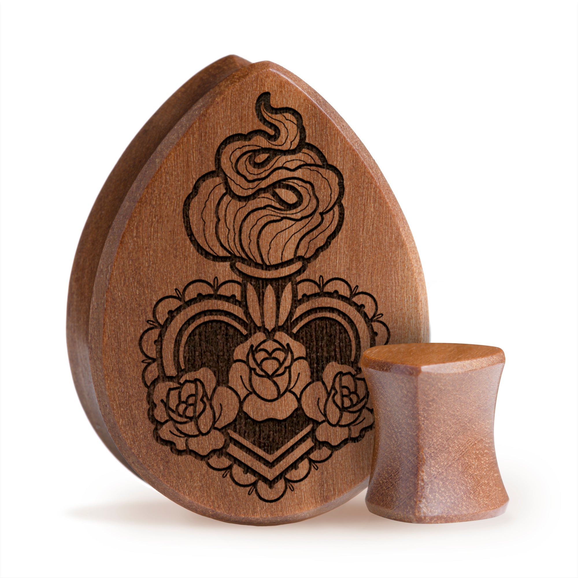 Sacred Heart Plug / Gauge - Teardrop Saba Wood | Flat Faced Double Flare