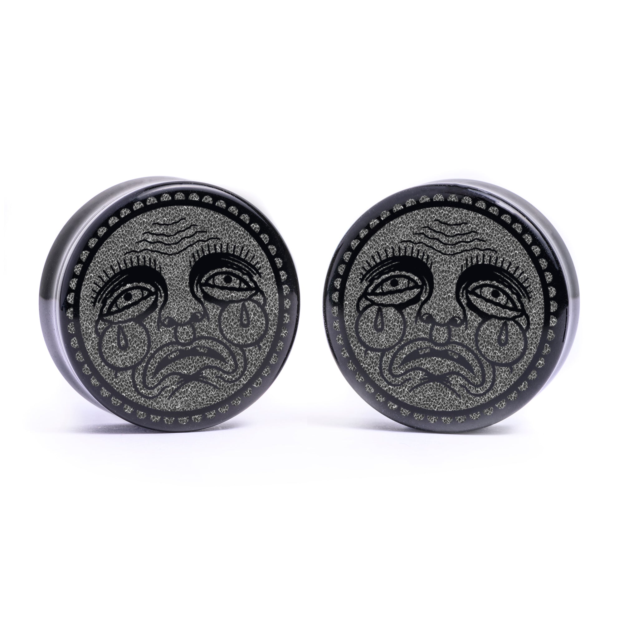 Sad Face Plug / Gauge - Black Glass | Flat Faced Double Flare