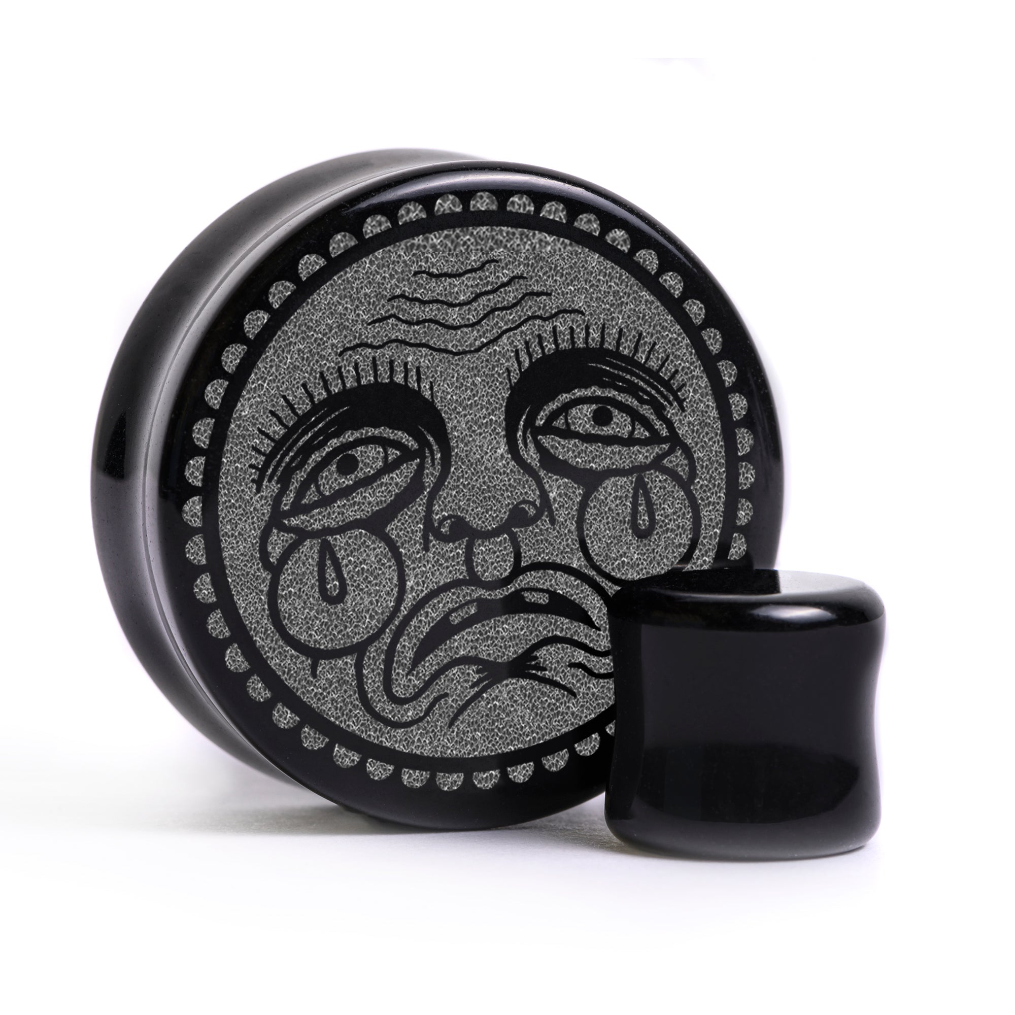 Sad Face Plug / Gauge - Black Glass | Flat Faced Double Flare