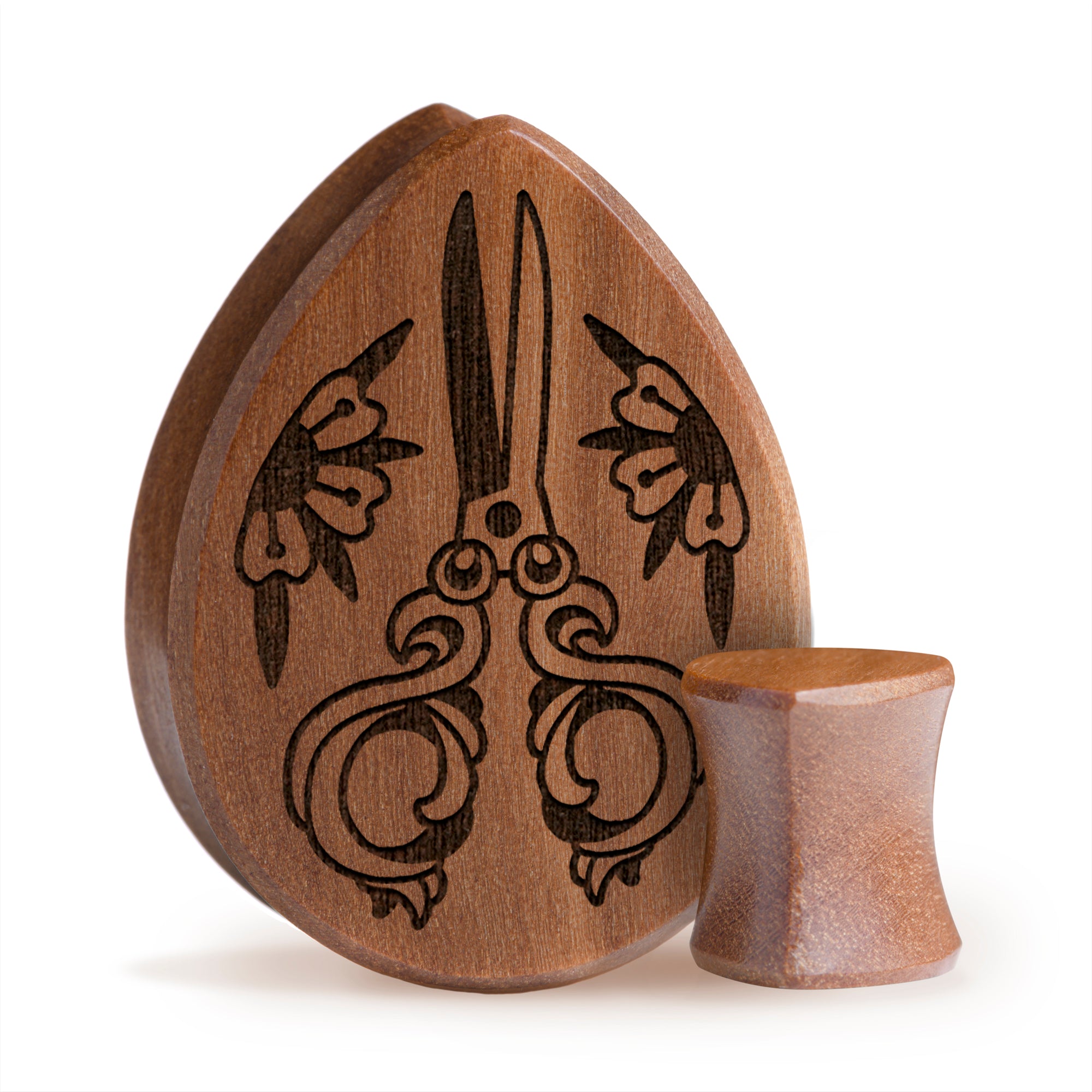 Scissors Plug / Gauge - Teardrop Saba Wood | Flat Faced Double Flare - Lasered To Order In House At Custom Plugs HQ
