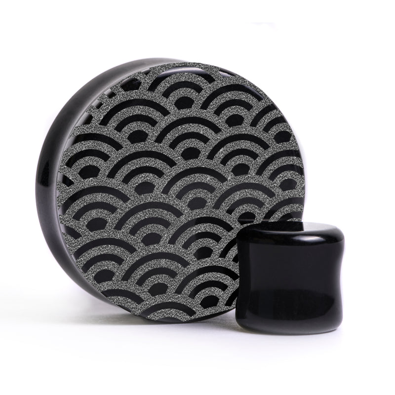 Plug / Gauge à motif Seigaiha - Verre noir | Double flare à face plate