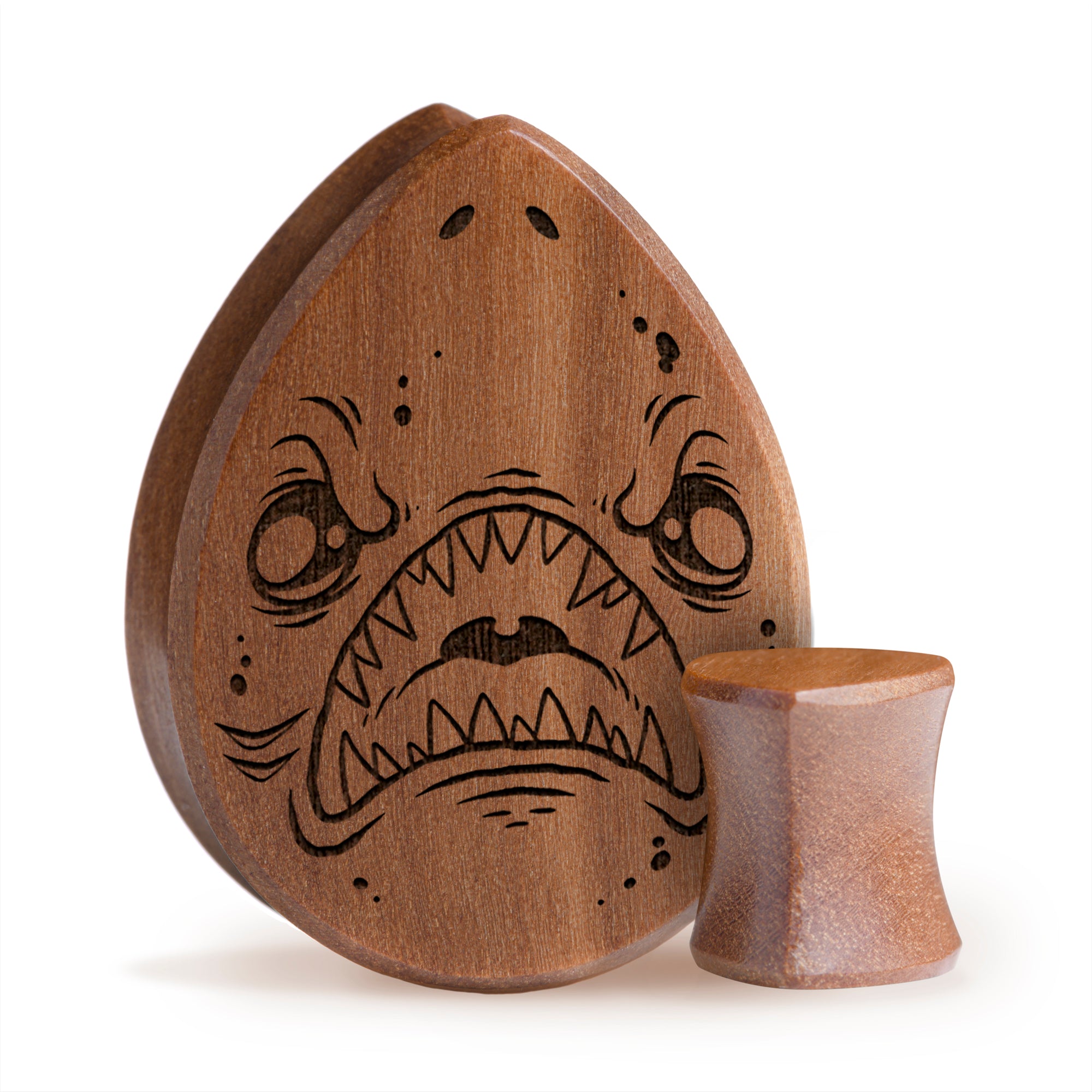 Shark Plug / Gauge - Teardrop Saba Wood | Flat Faced Double Flare - Lasered To Order In House At Custom Plugs HQ
