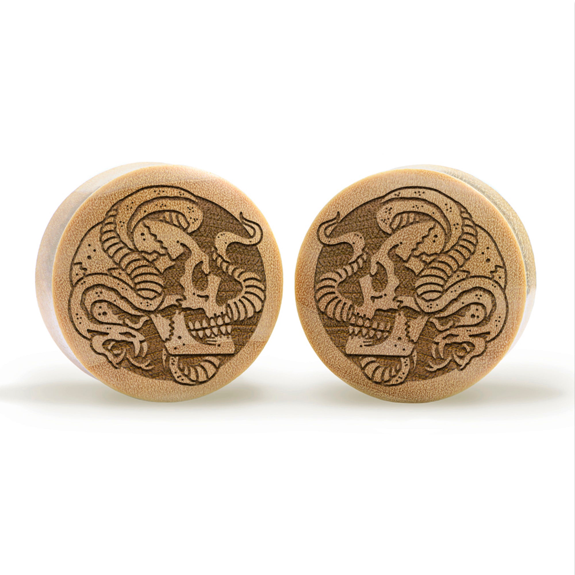 Alternative Tattooed man wearing custom made Sacrificial Lamb Plug / Gauge - Saba Wood | Flat Faced Double Flare