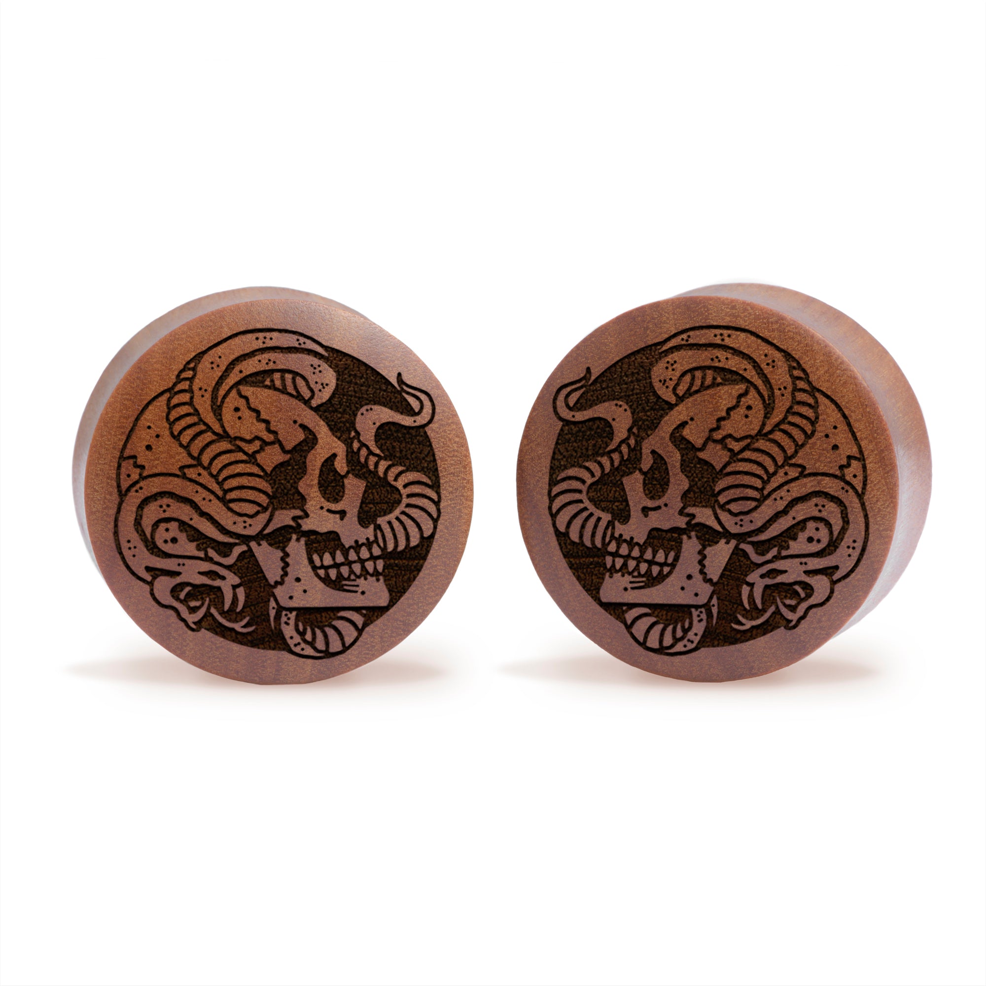 Alternative Tattooed man wearing custom made Sacrificial Lamb Plug / Gauge - Saba Wood | Flat Faced Double Flare