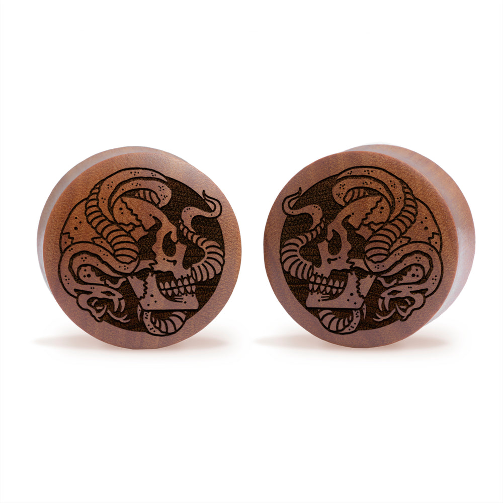 Snake Skull Plug / Gauge - Saba Wood | Convex Double Flare - Lasered To Order In House At Custom Plugs HQ