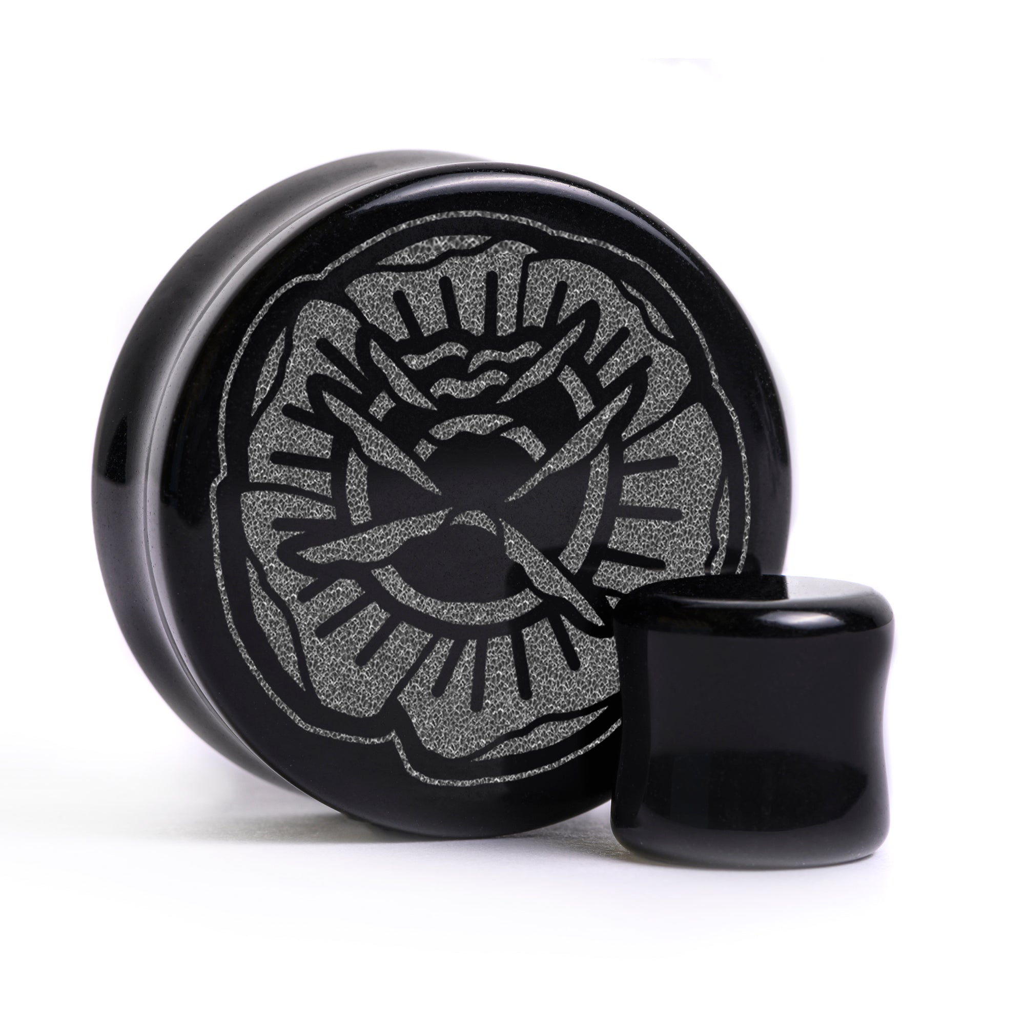 Tattoo Rose Plug / Gauge - Schwarzes Glas | Doppelaufgeweitet mit flachem Gesicht