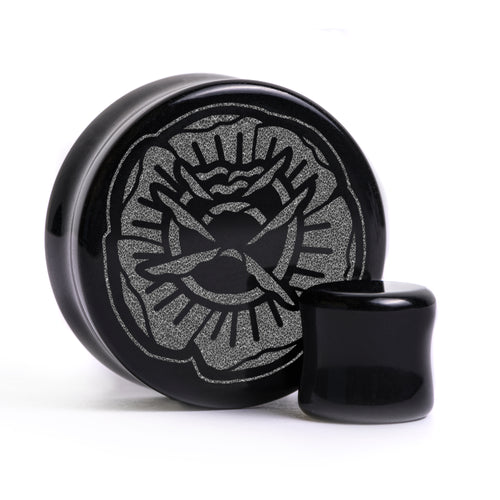 Tattoo Rose Plug / Gauge - Schwarzes Glas | Doppelaufgeweitet mit flachem Gesicht
