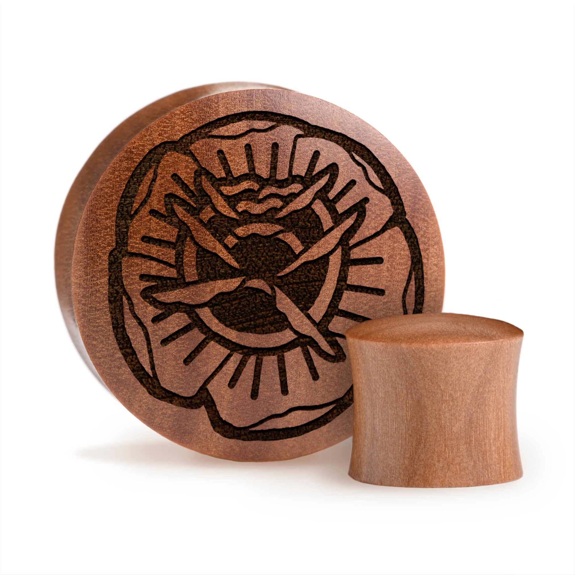 Tattoo Rose Plug / Gauge - Saba Wood | Convex Double Flare - Lasered To Order In House At Custom Plugs HQ