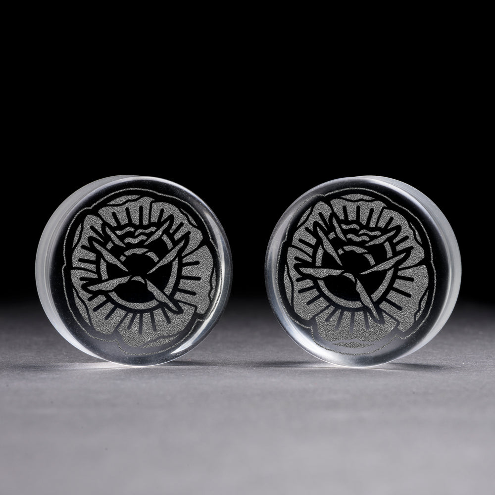 Tattoo Rose Plug / gauge - Clear Glass | Doppelaufgeweitet mit flachem Gesicht