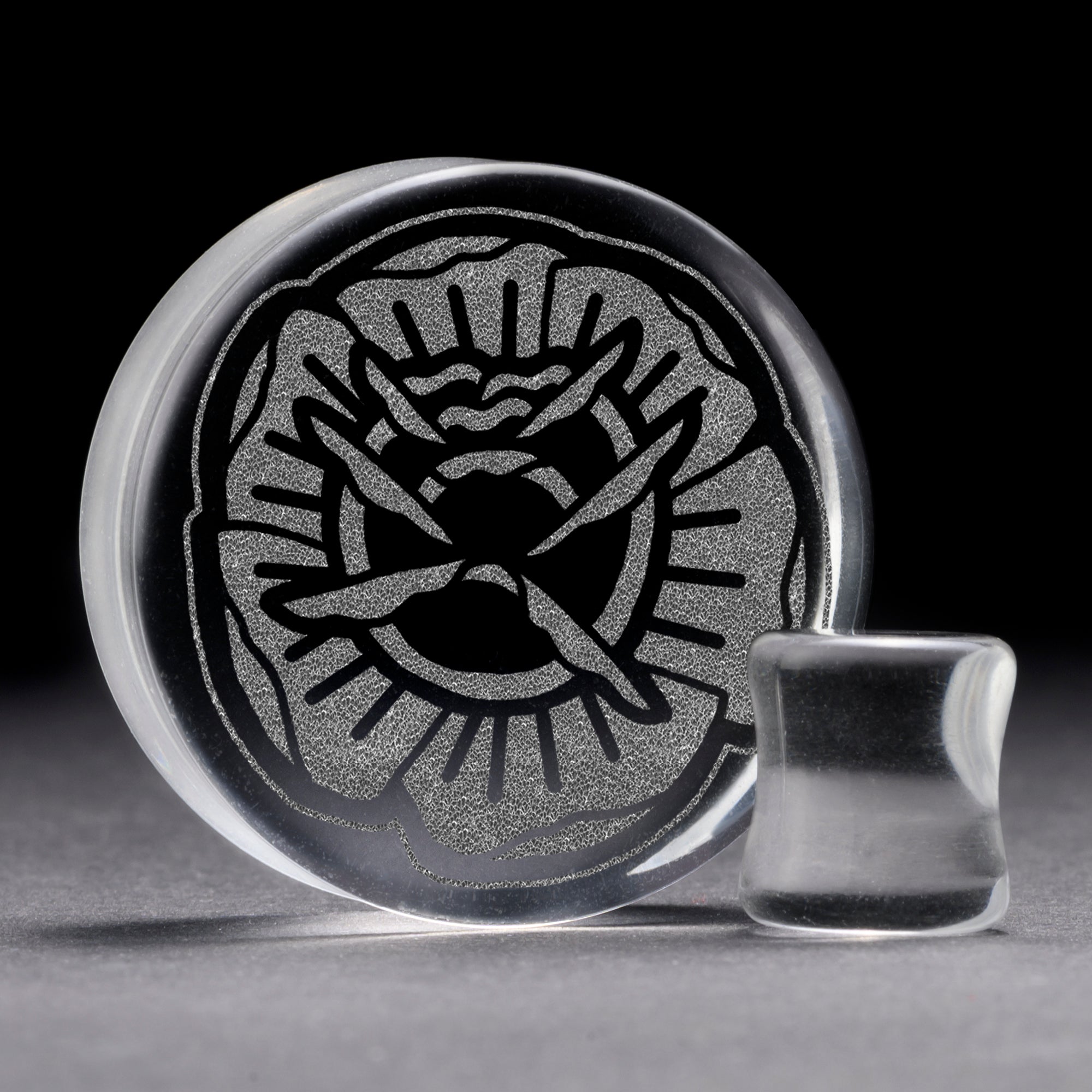 Tattoo Rose Plug / gauge - Clear Glass | Doppelaufgeweitet mit flachem Gesicht