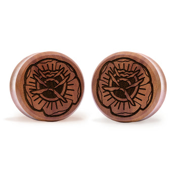 Tattoo Rose Plug / Gauge - Saba Wood | Flat Faced Double Flare