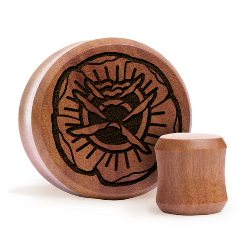 Tattoo Rose Plug / Gauge - Saba Wood | Flat Faced Double Flare