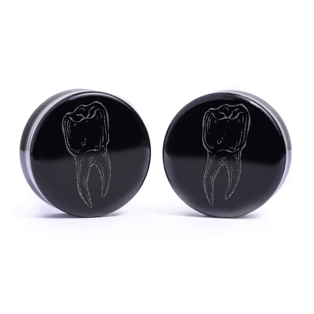 Zahnplug / gauge - Schwarzes Glas | Doppelaufgeweitet mit flachem Gesicht