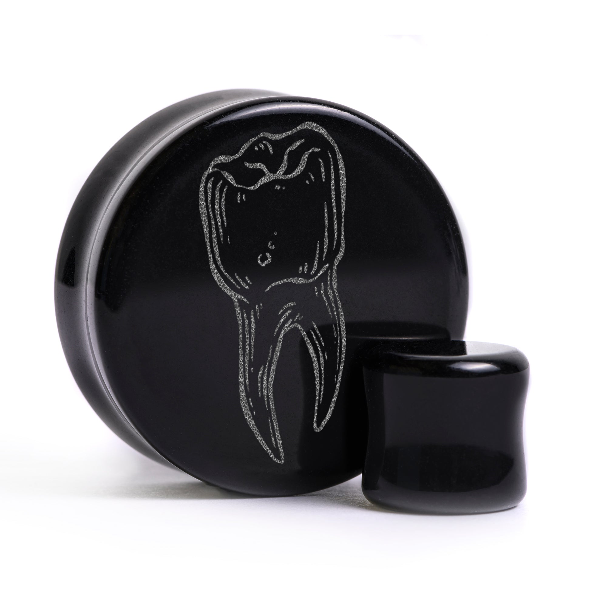 Tooth Plug / Gauge - Black Glass | Flat Faced Double Flare - Lasered To Order In House At Custom Plugs HQ