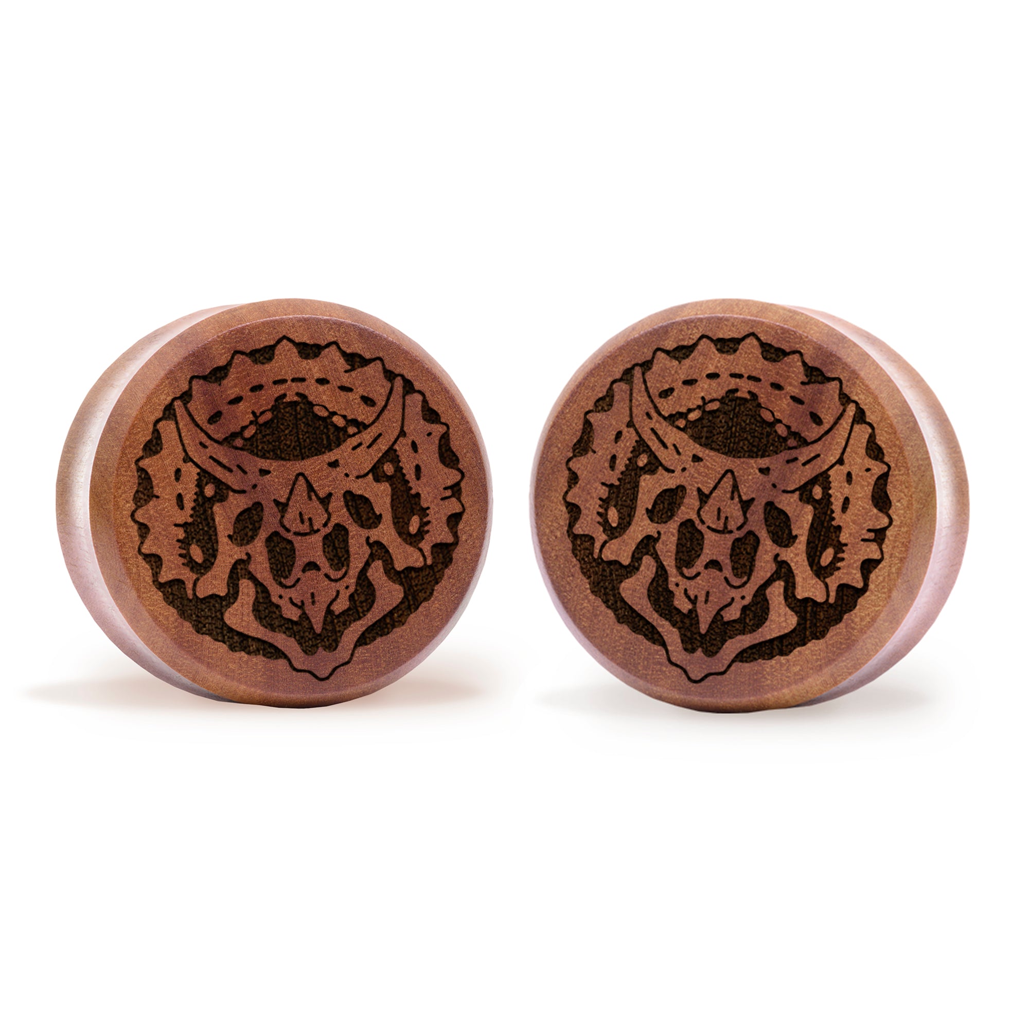 Alternative Tattooed man wearing custom made Sacrificial Lamb Plug / Gauge - Saba Wood | Flat Faced Double Flare