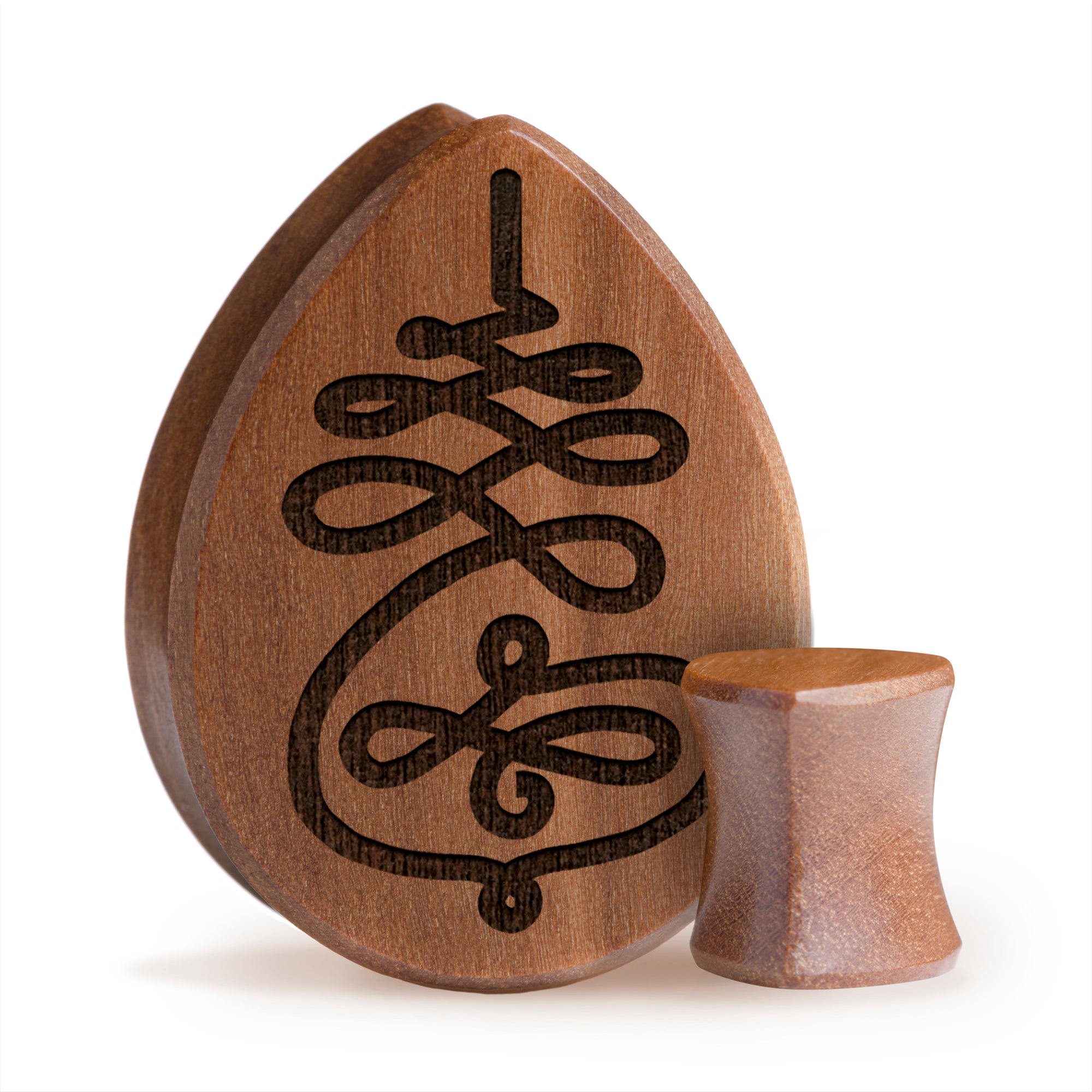 Unalome Plug / Gauge - Teardrop Saba Wood | Flat Faced Double Flare - Lasered To Order In House At Custom Plugs HQ