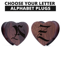 Plugs / Gauge en forme de cœur ornés en bois d'ébène, insérer une initiale