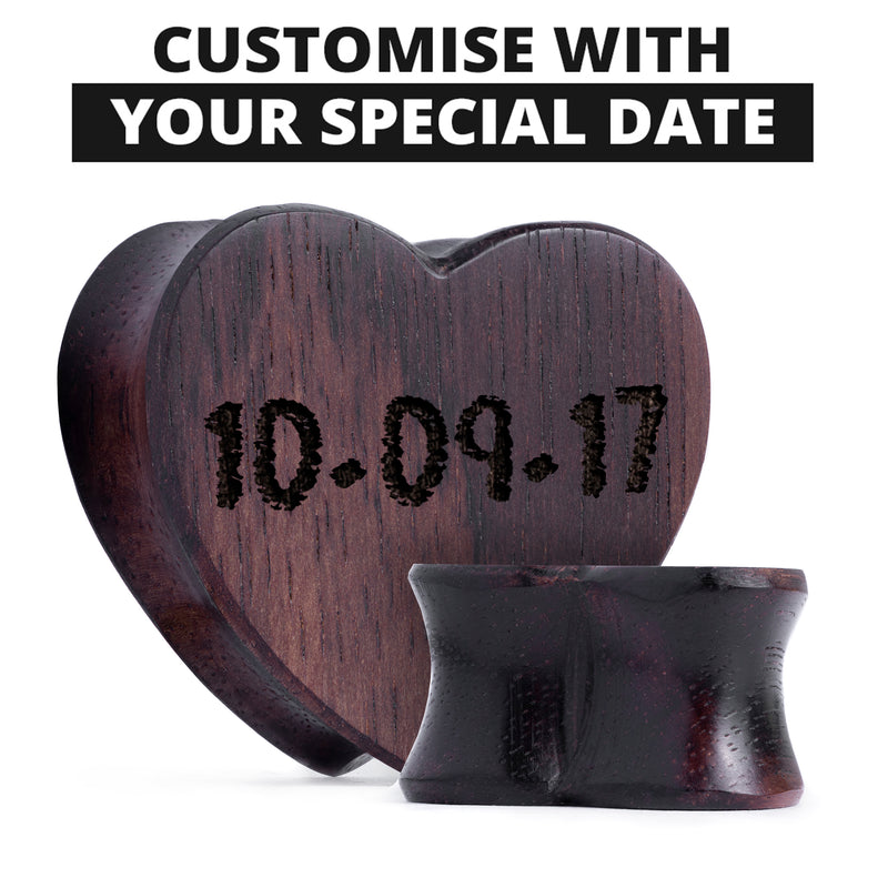 Plugs / Gauge en forme de cœur en bois d'ébène, insérer date