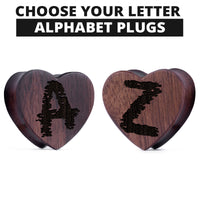 Plugs / Gauge en forme de cœur en bois d'ébène, insérer une initiale