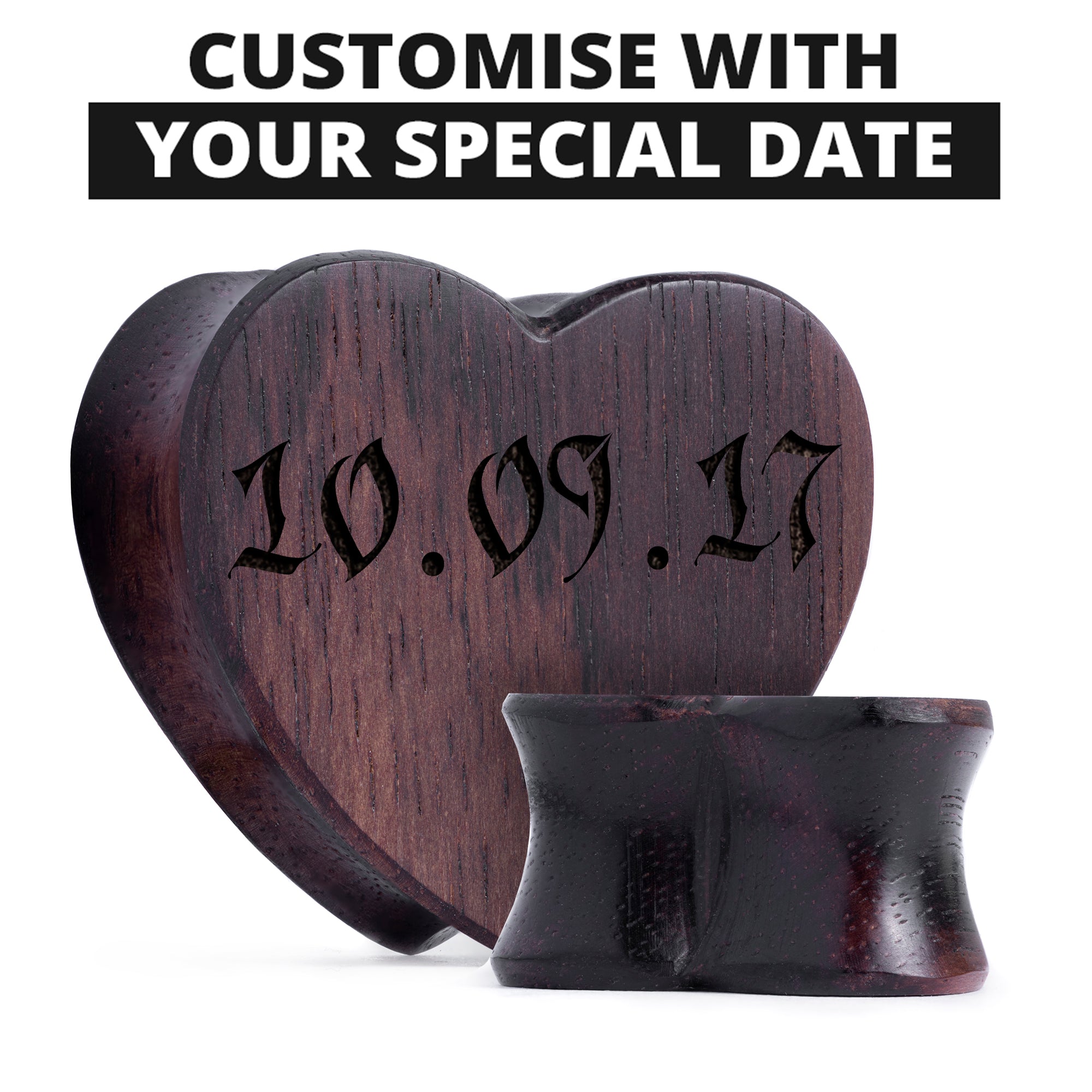 Insert Date Ornate Ebony Wood Heart Shaped Plugs / Gauge