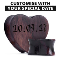 Plugs / Gauge en forme de cœur ornés en bois d'ébène, insérer date