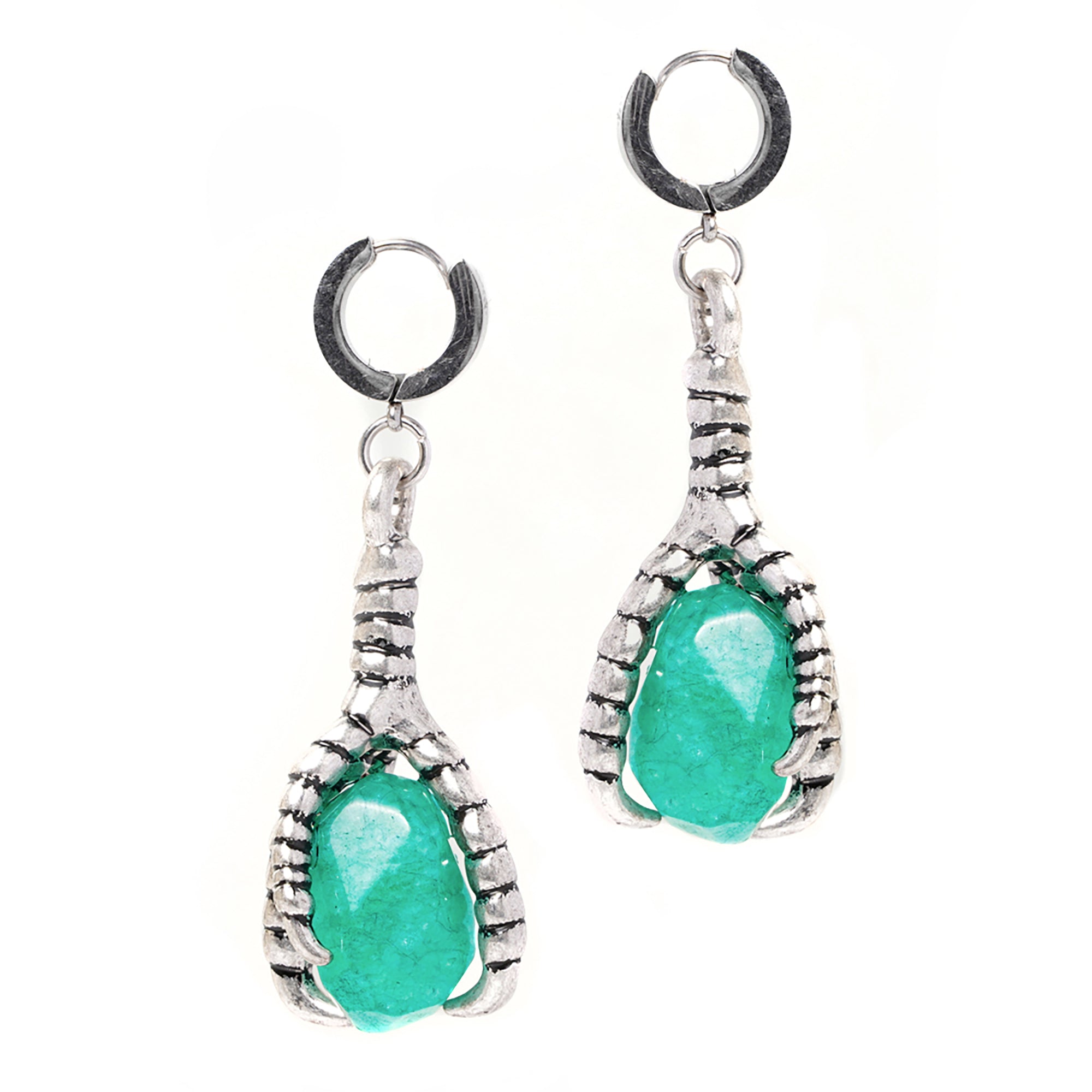 Green Jade & Silver Bird Claw Earrings (Pair)
