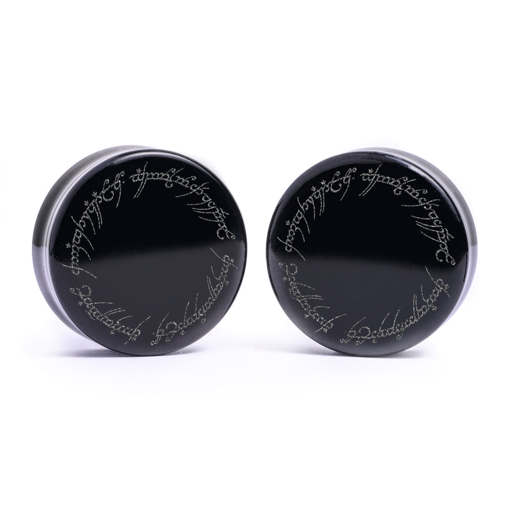 LOTR One Ring Plug / Gauge - Black Glass | Flat Faced Double Flare - Lasered To Order In House At Custom Plugs HQ