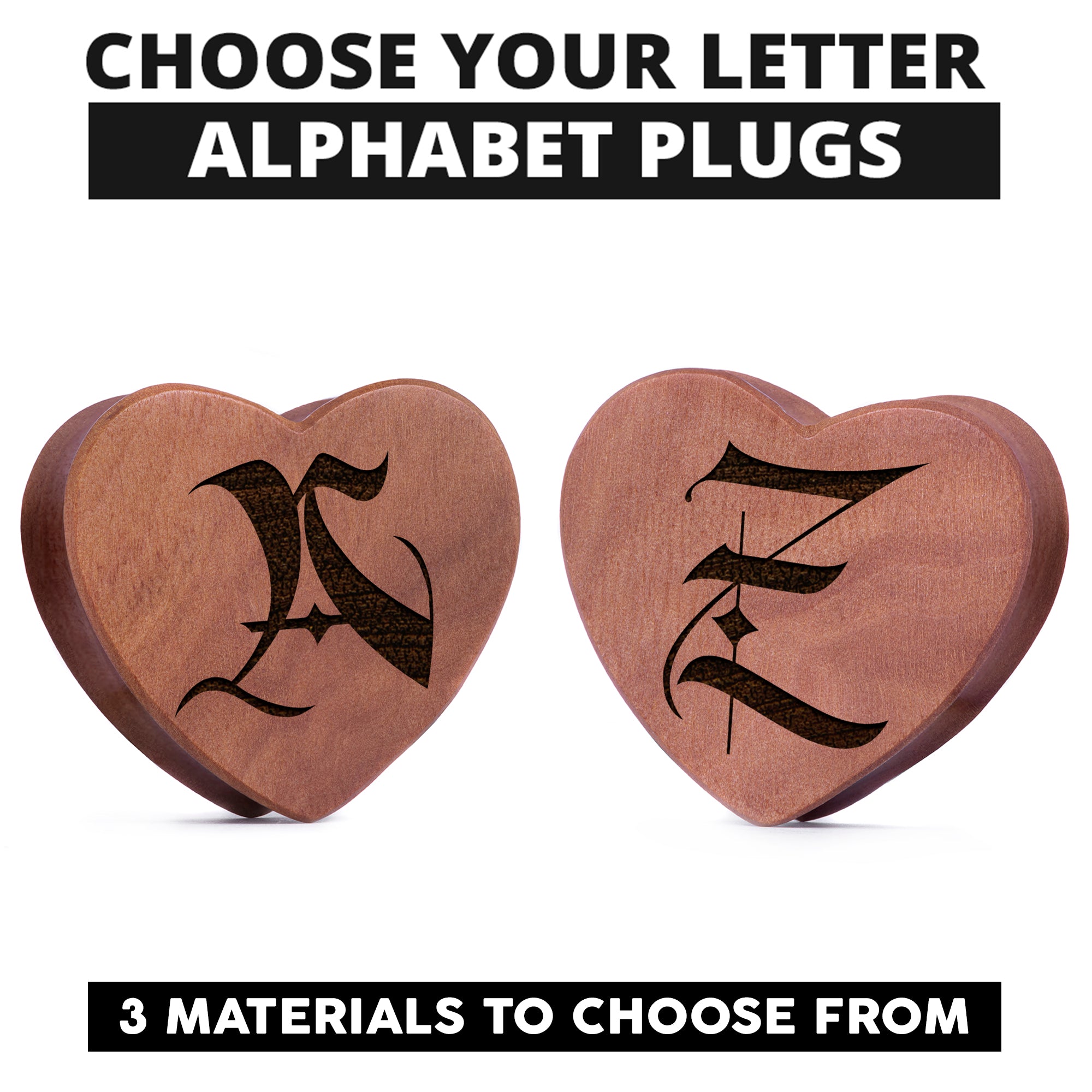 Setzen Sie einzelne, mit Initialen verzierte, herzförmige Saba-Holz Plugs/Messgeräte ein